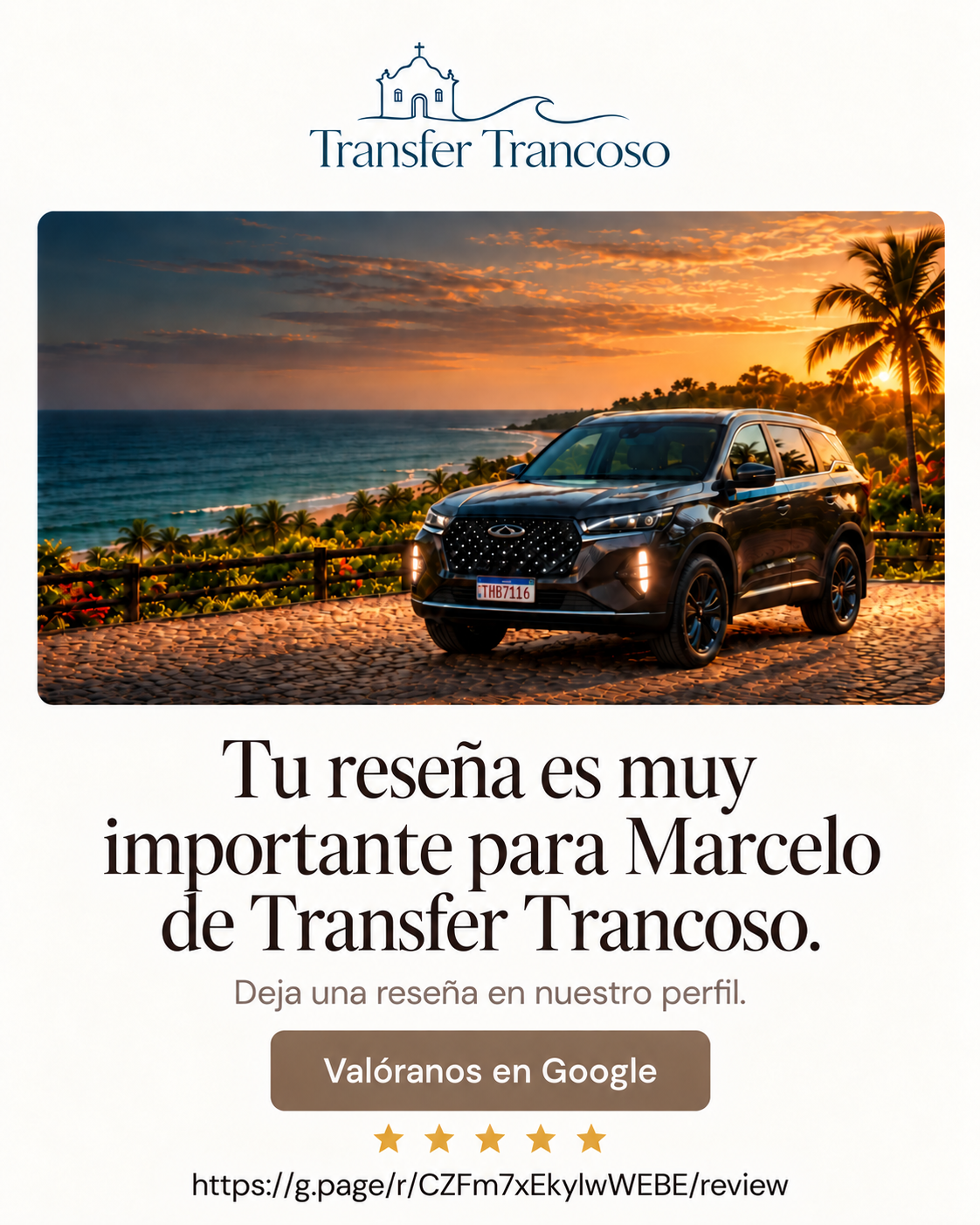 Tu reseña es muy importante para Marcelo de Transfer Trancoso. Deja una reseña en nuestro perfil.